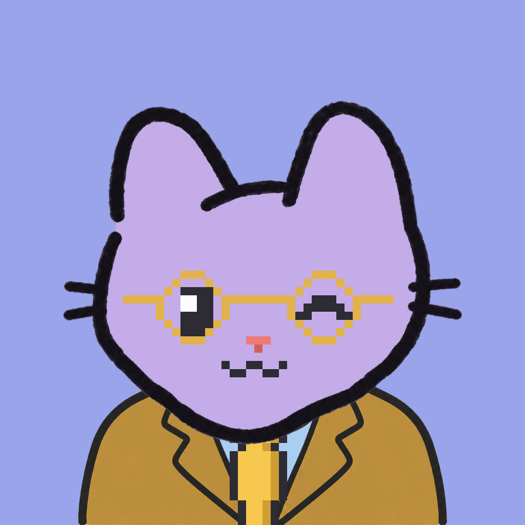 Employee #1423 — a lavender cat, in a mustard suit, with a gold tie, wearing round-gold glasses, on periwinkle