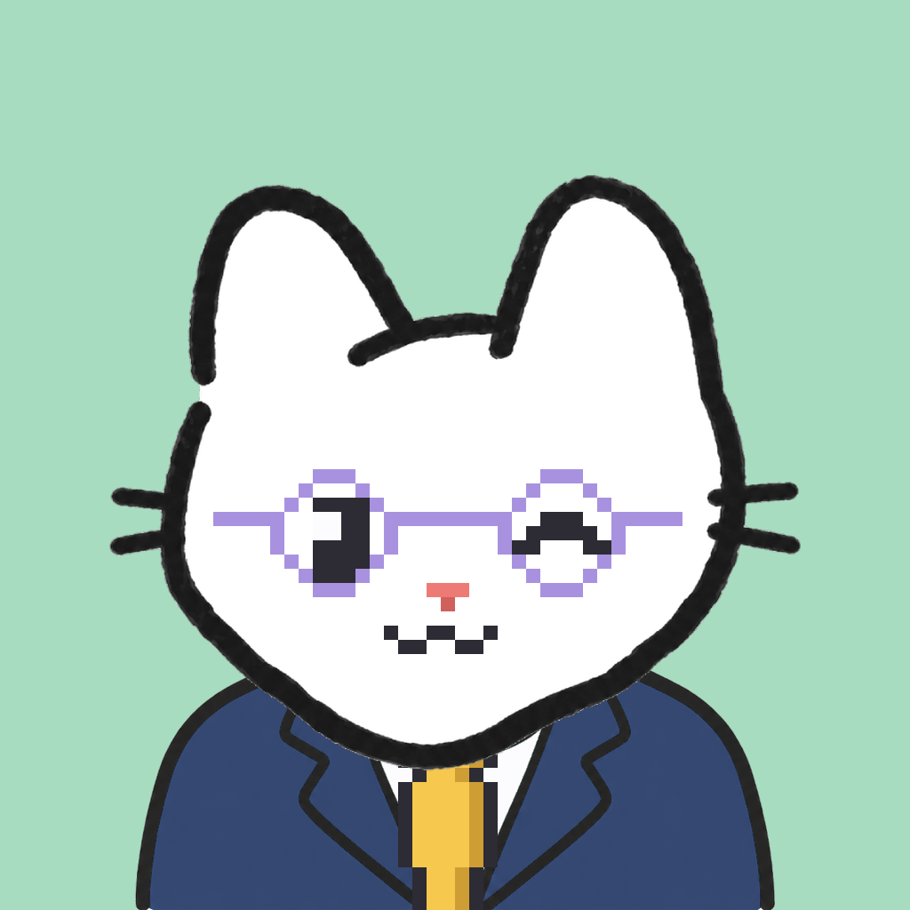 Employee #1424 — a white cat, in a navy suit, with a gold tie, wearing round-lavender glasses, on mint