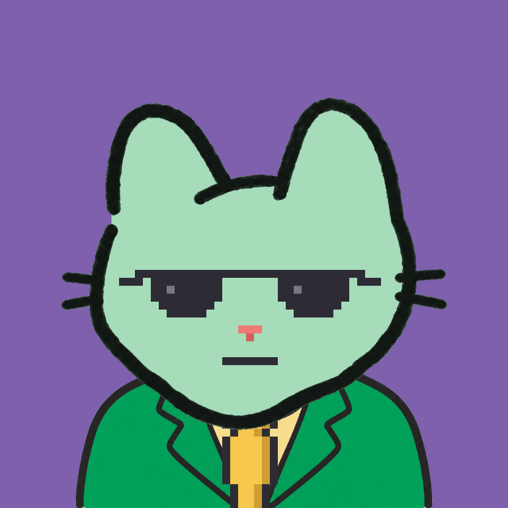 Employee #1425 — a mint cat, in a green suit, with a gold tie, wearing shades glasses, on plasma violet