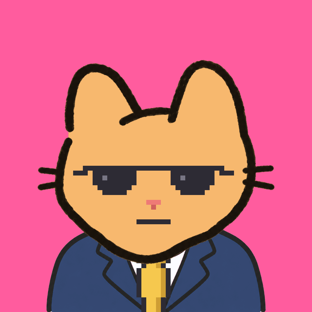 Employee #1426 — a tabby cat, in a navy suit, with a gold tie, wearing shades glasses, on hot pink