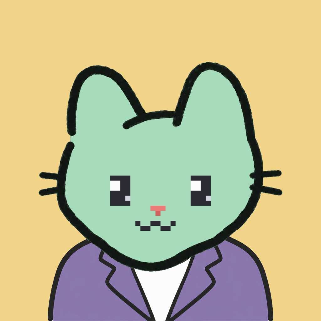 Employee #1427 — a mint cat, in a lavender suit, on butter