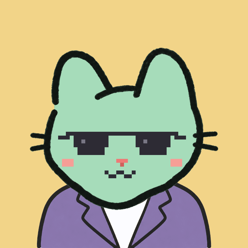 Employee #1428 — a mint cat, in a lavender suit, wearing shades glasses, on butter