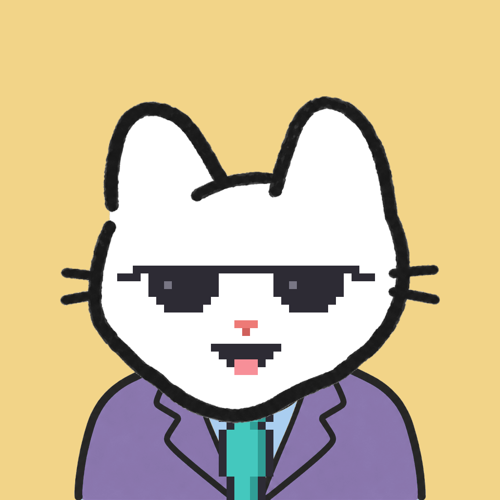 Employee #1429 — a white cat, in a lavender suit, with a teal tie, wearing shades glasses, on butter