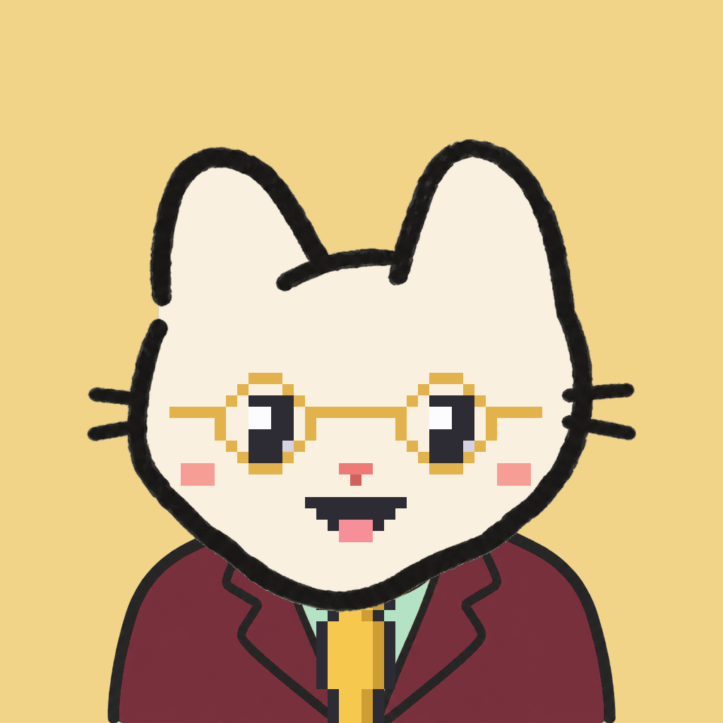 Employee #0143 — a cream cat, in a burgundy suit, with a gold tie, wearing round-gold glasses, on butter