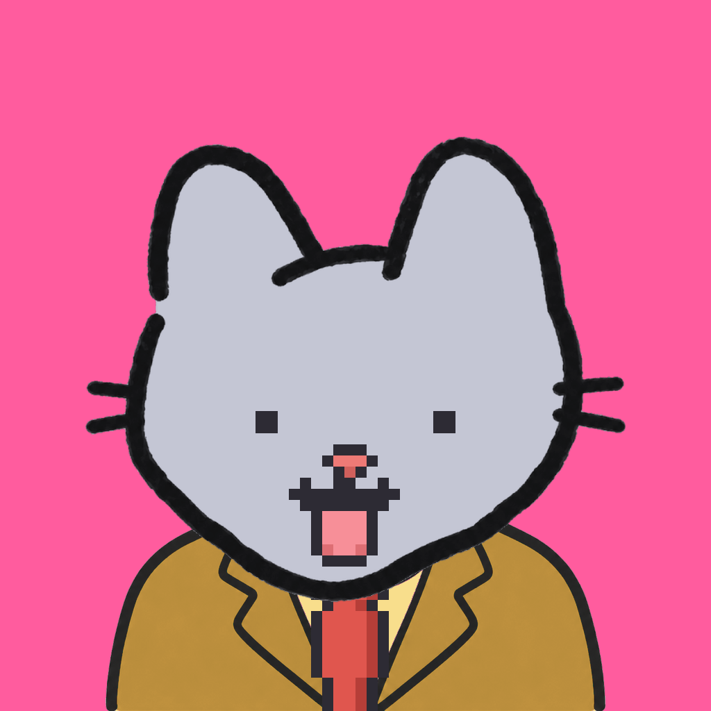Employee #1430 — a gray cat, in a mustard suit, with a red tie, on hot pink
