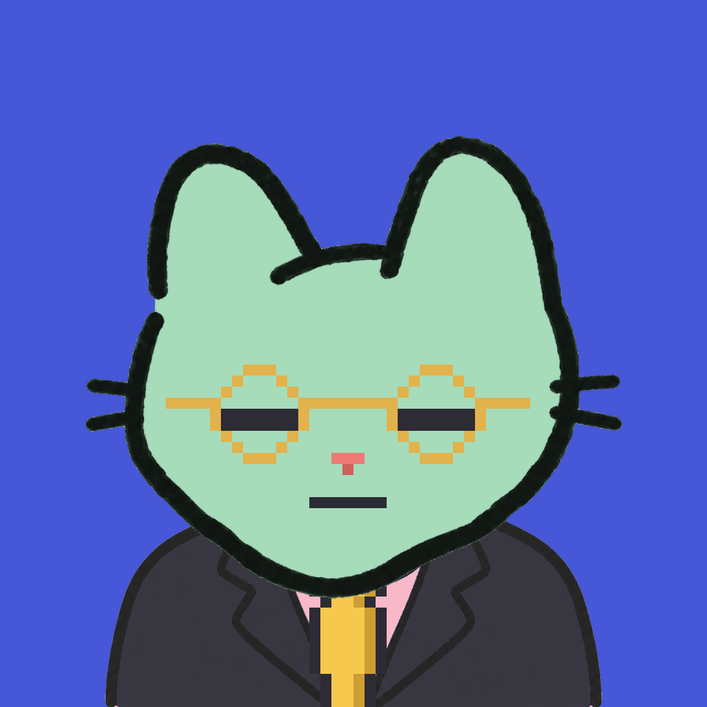 Employee #1431 — a mint cat, in a black suit, with a gold tie, wearing round-gold glasses, on royal