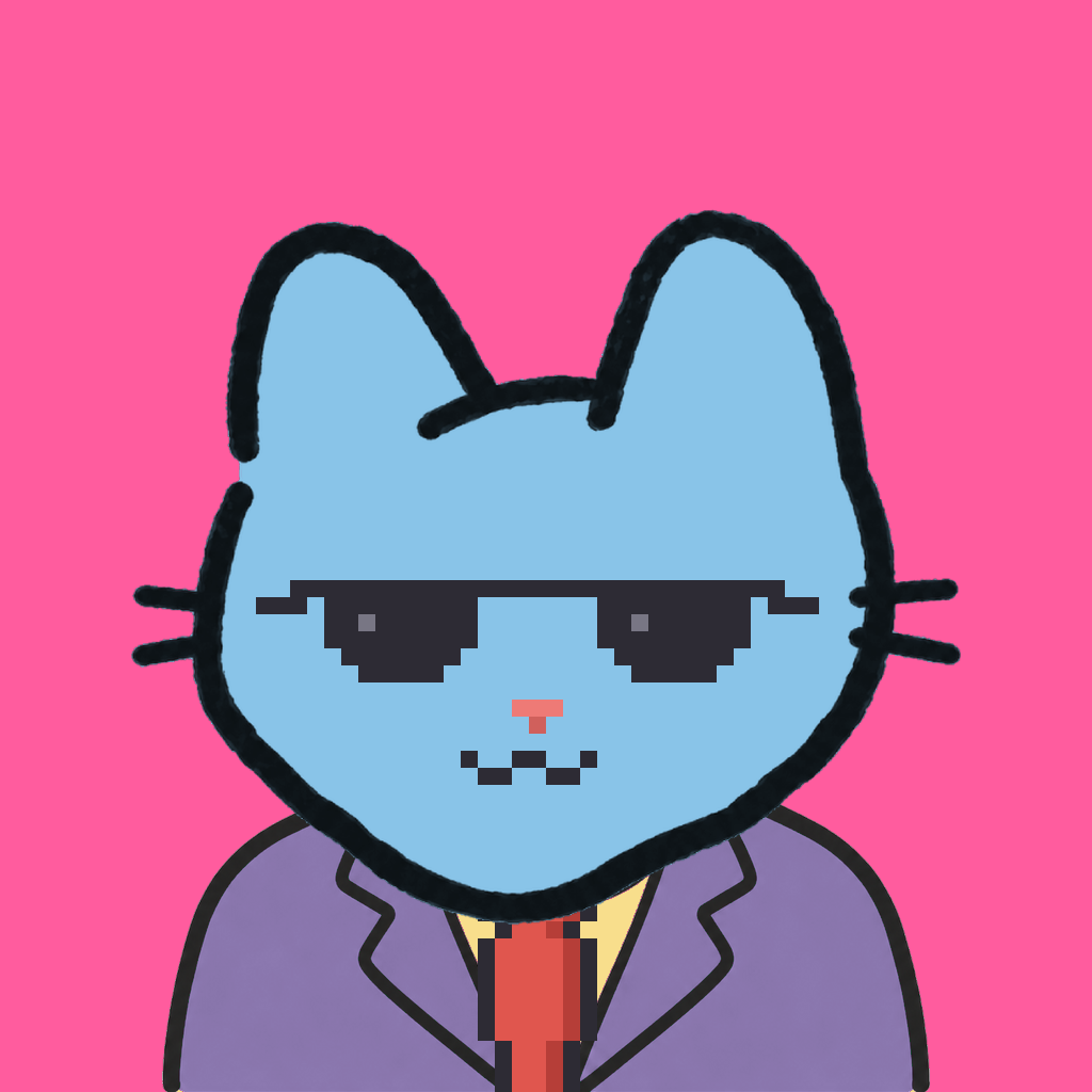 Employee #1432 — a sky cat, in a lavender suit, with a red tie, wearing shades glasses, on hot pink