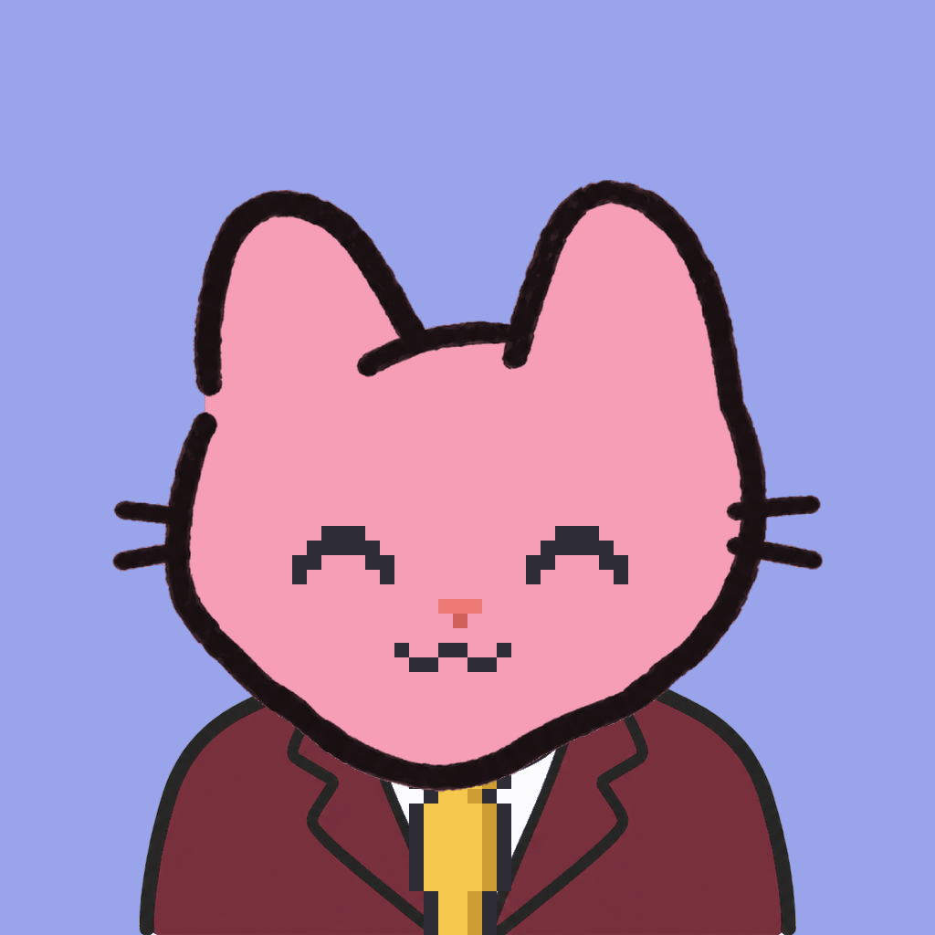 Employee #1433 — a pink cat, in a burgundy suit, with a gold tie, on periwinkle