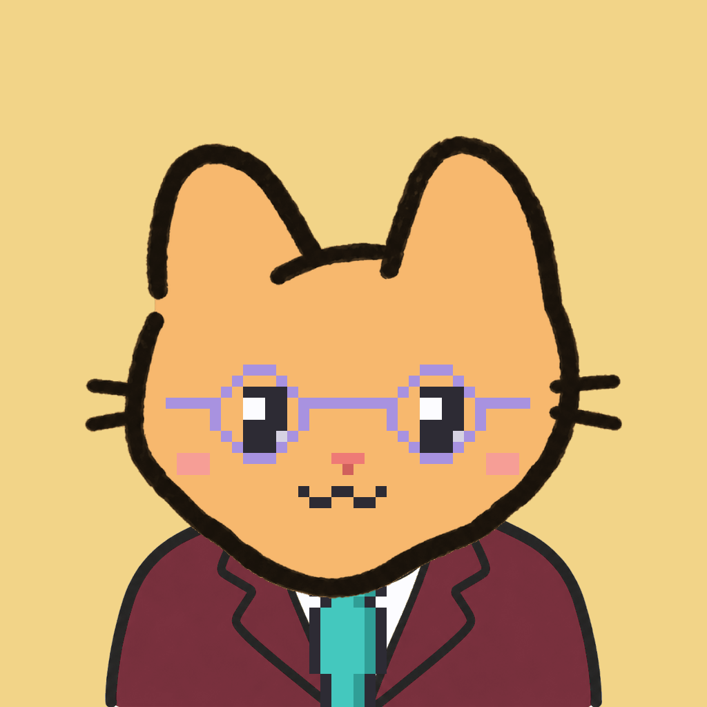 Employee #1434 — a tabby cat, in a burgundy suit, with a teal tie, wearing round-lavender glasses, on butter