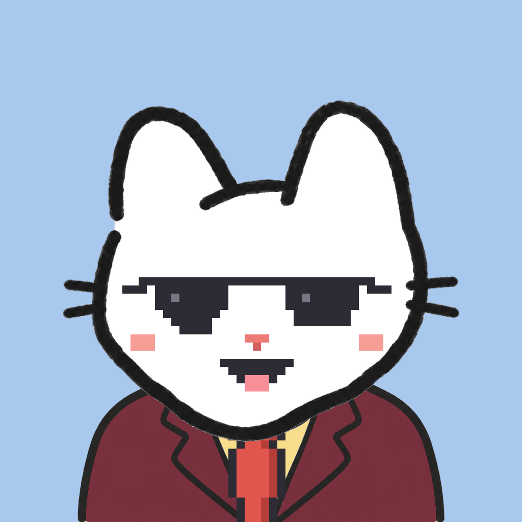 Employee #1435 — a white cat, in a burgundy suit, with a red tie, wearing shades glasses, on sky