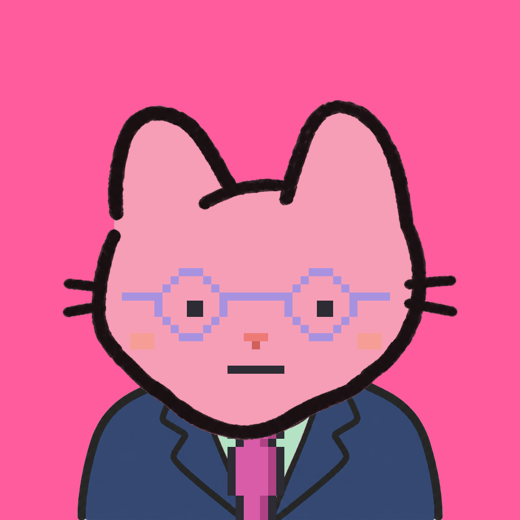 Employee #1436 — a pink cat, in a navy suit, with a magenta tie, wearing round-lavender glasses, on hot pink