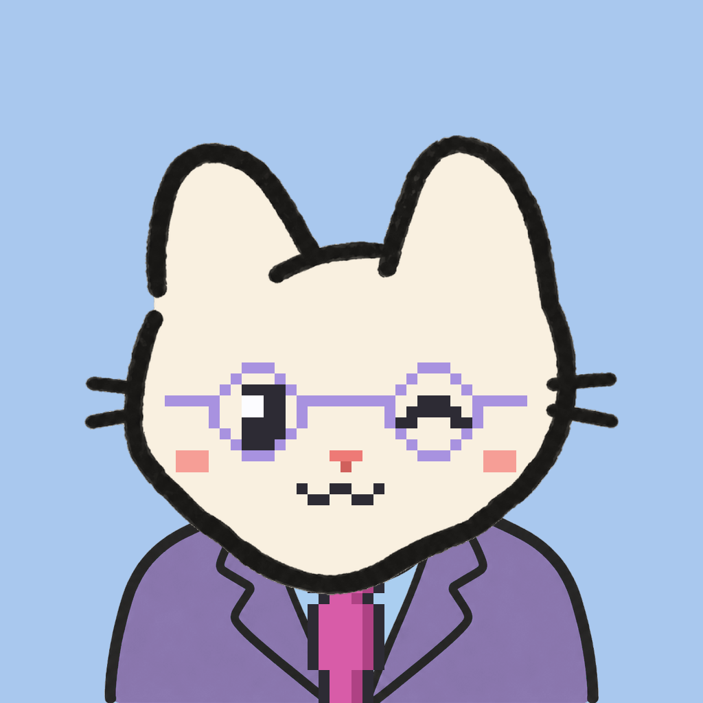 Employee #1437 — a cream cat, in a lavender suit, with a magenta tie, wearing round-lavender glasses, on sky
