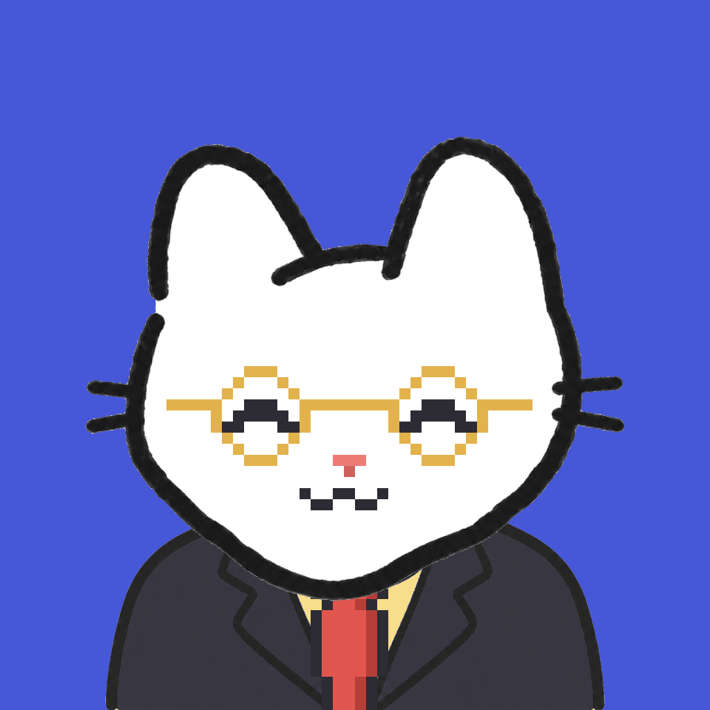 Employee #1438 — a white cat, in a black suit, with a red tie, wearing round-gold glasses, on royal
