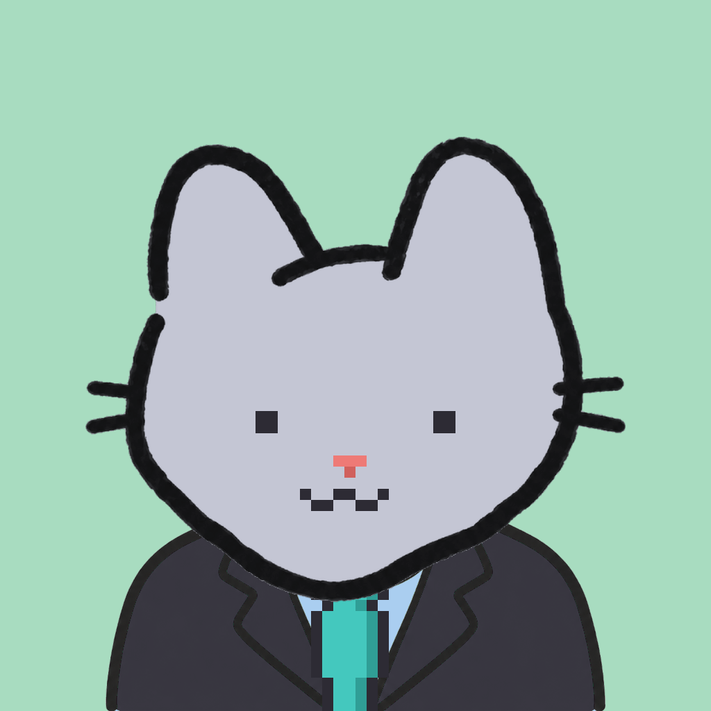 Employee #1439 — a gray cat, in a black suit, with a teal tie, on mint