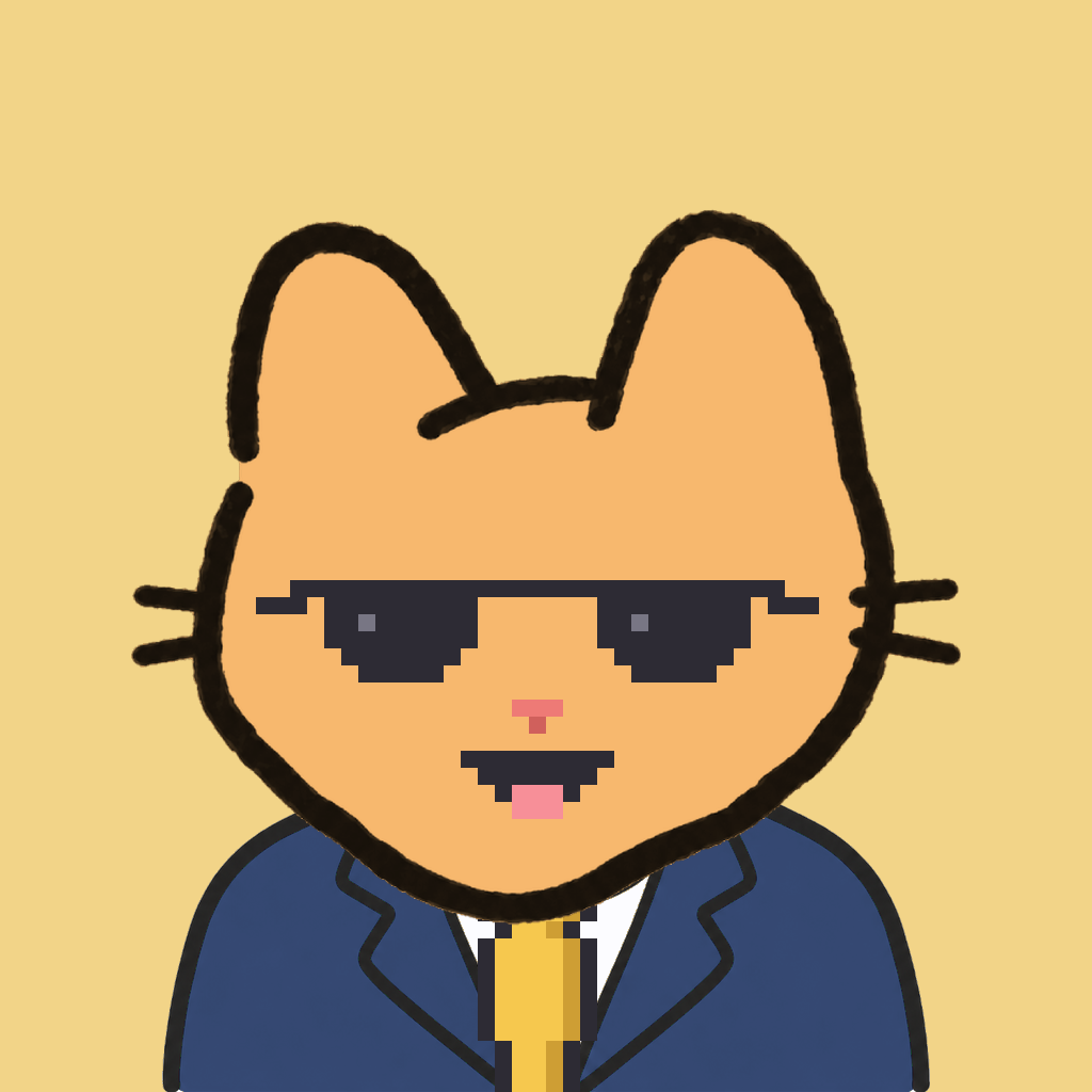 Employee #0144 — a tabby cat, in a navy suit, with a gold tie, wearing shades glasses, on butter