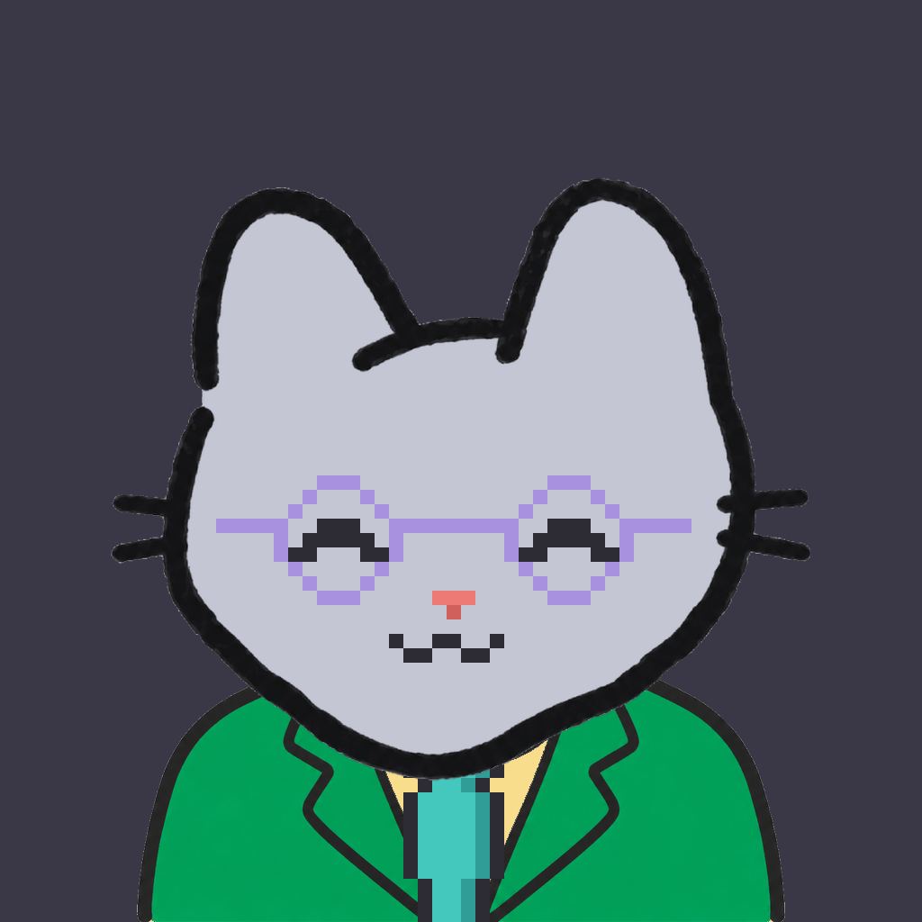 Employee #1440 — a gray cat, in a green suit, with a teal tie, wearing round-lavender glasses, on charcoal