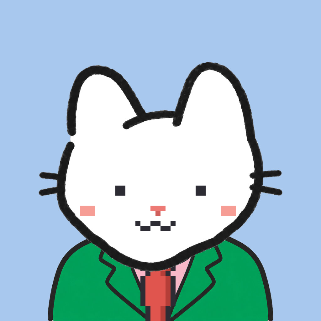 Employee #1441 — a white cat, in a green suit, with a red tie, on sky