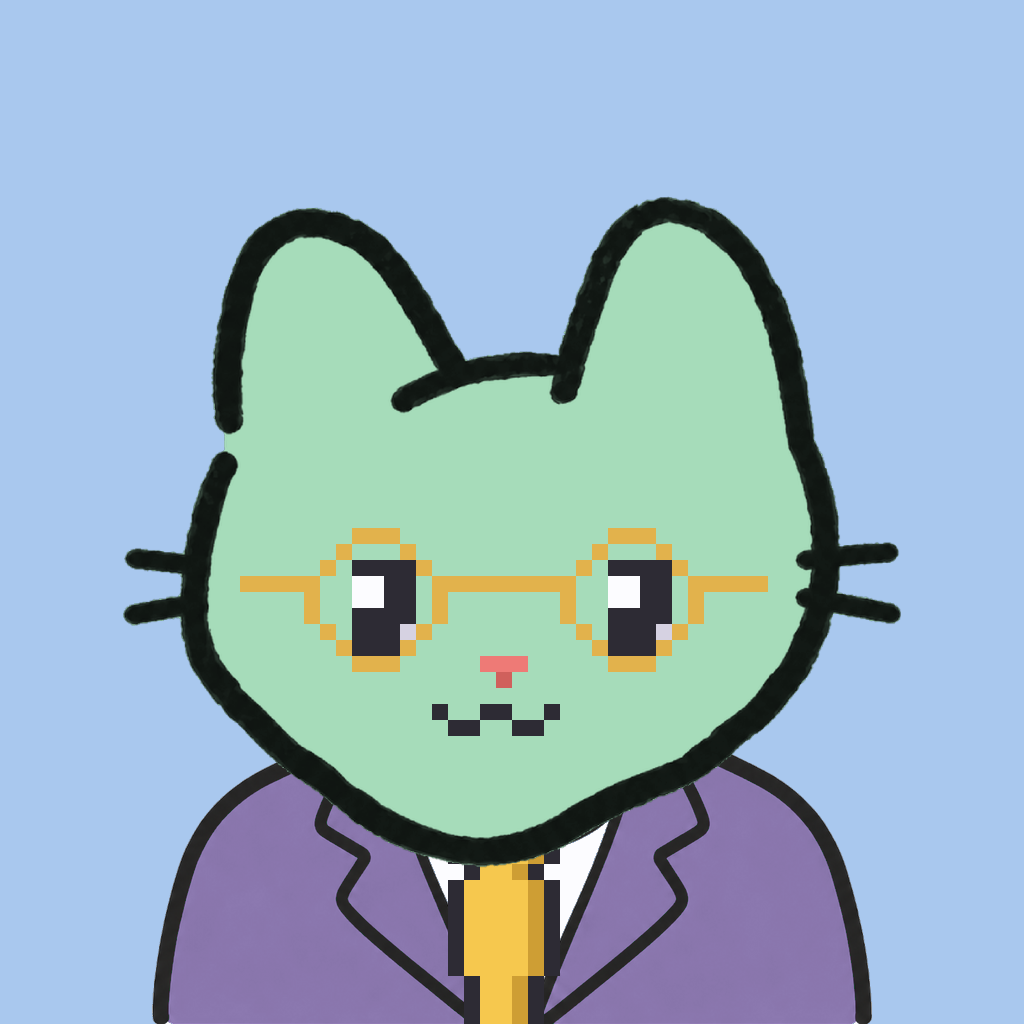 Employee #1442 — a mint cat, in a lavender suit, with a gold tie, wearing round-gold glasses, on sky