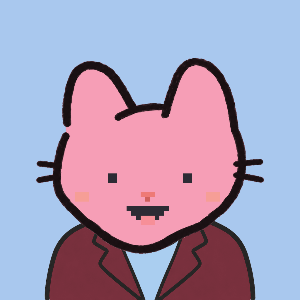 Employee #1443 — a pink cat, in a burgundy suit, on sky