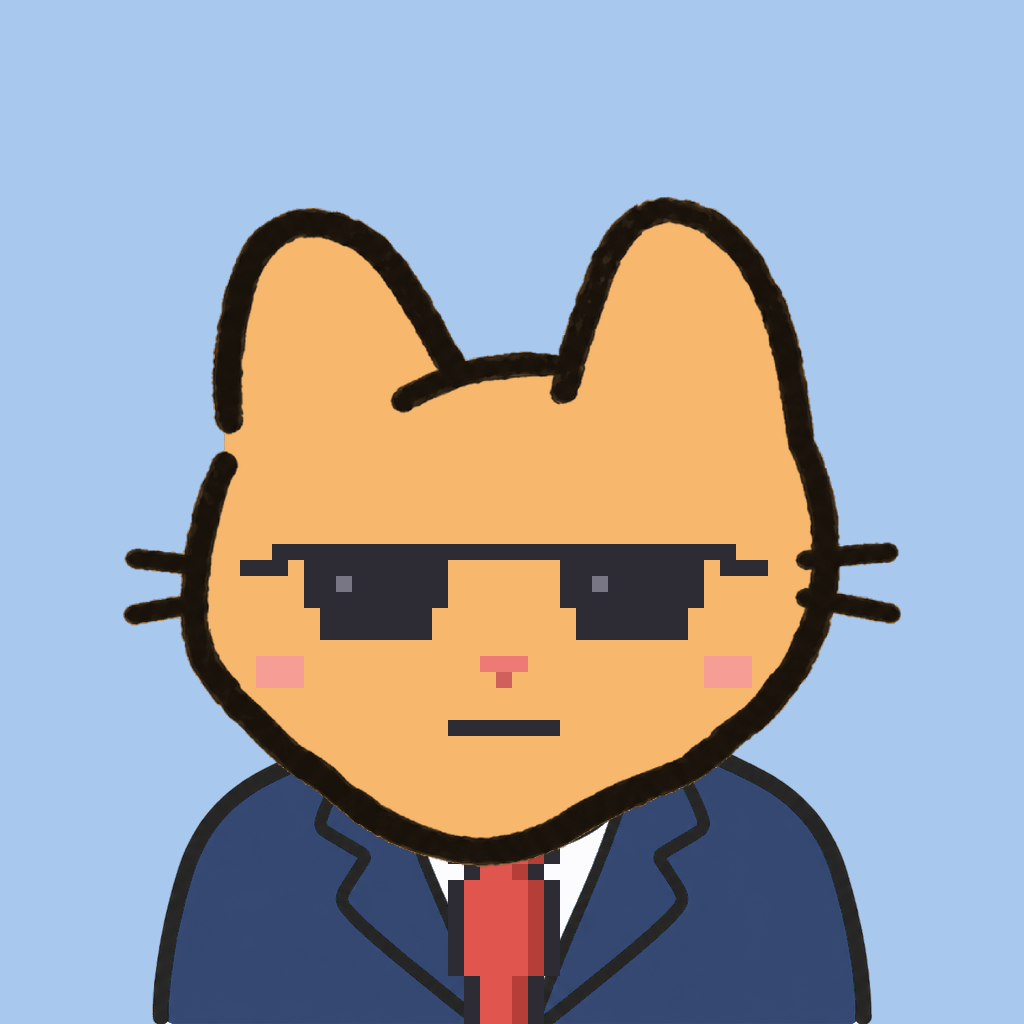 Employee #1444 — a tabby cat, in a navy suit, with a red tie, wearing shades glasses, on sky