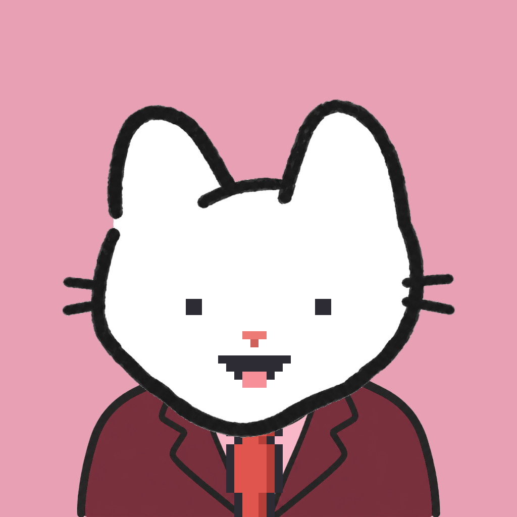 Employee #1445 — a white cat, in a burgundy suit, with a red tie, on rose