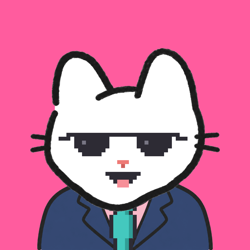 Employee #1446 — a white cat, in a navy suit, with a teal tie, wearing shades glasses, on hot pink