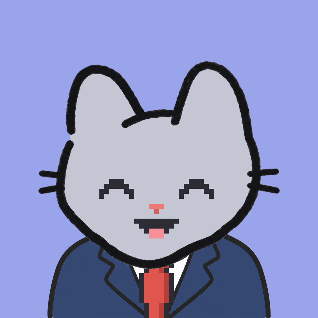 Employee #1447 — a gray cat, in a navy suit, with a red tie, on periwinkle