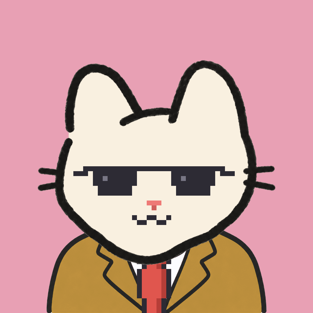 Employee #1448 — a cream cat, in a mustard suit, with a red tie, wearing shades glasses, on rose