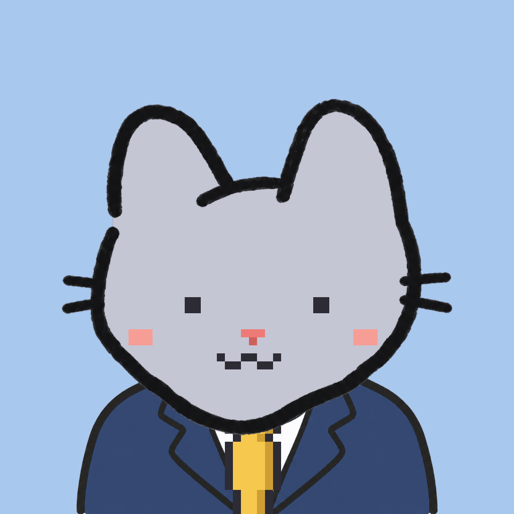 Employee #1449 — a gray cat, in a navy suit, with a gold tie, on sky