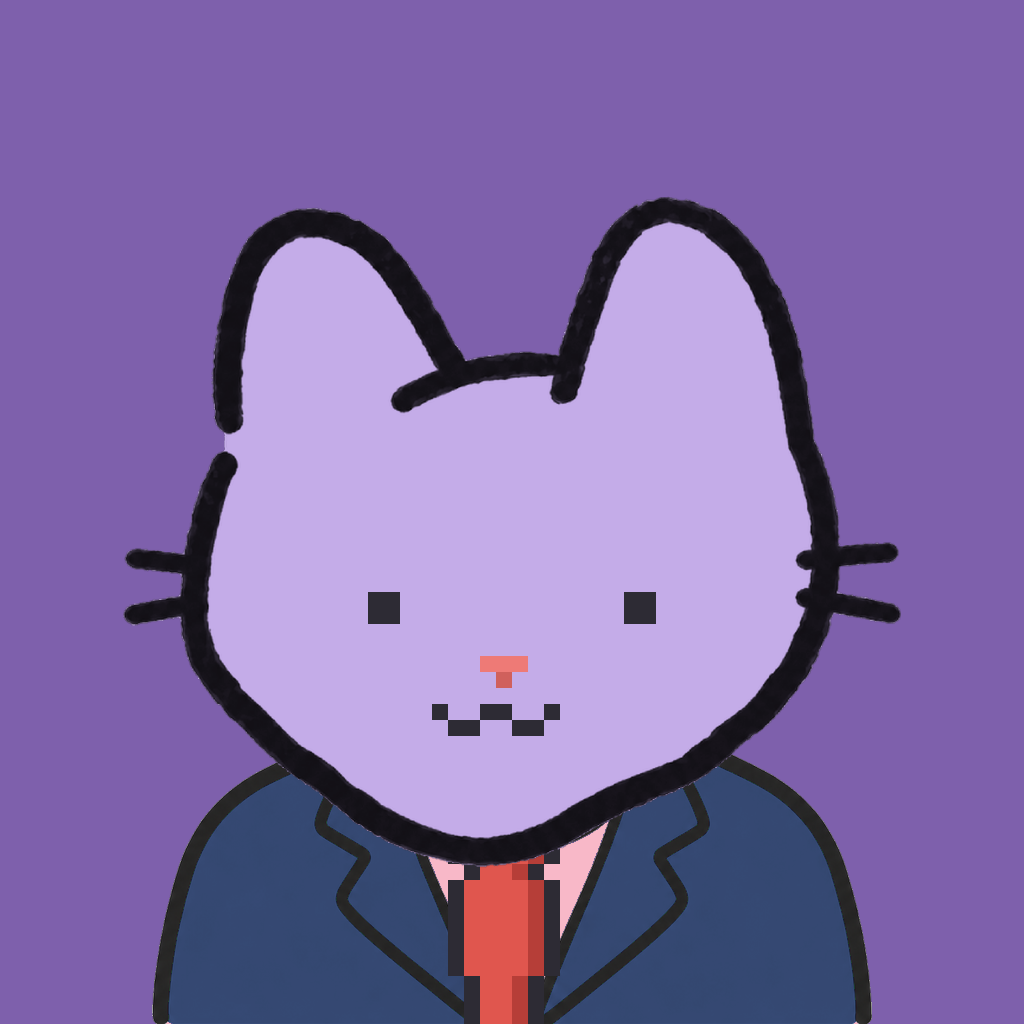 Employee #0145 — a lavender cat, in a navy suit, with a red tie, on plasma violet