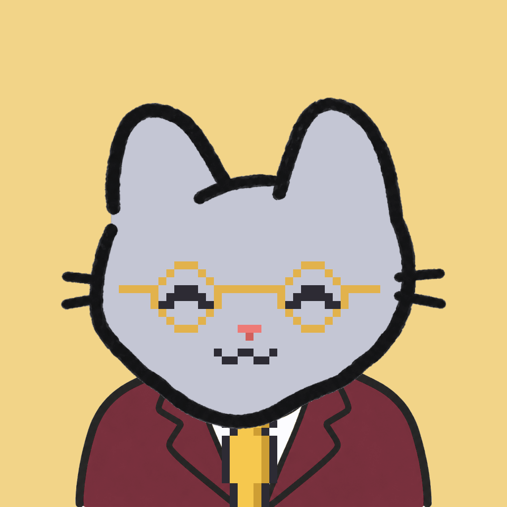 Employee #1450 — a gray cat, in a burgundy suit, with a gold tie, wearing round-gold glasses, on butter