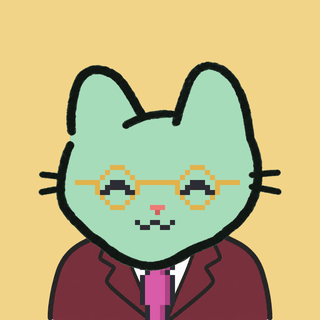 Employee #1451 — a mint cat, in a burgundy suit, with a magenta tie, wearing round-gold glasses, on butter