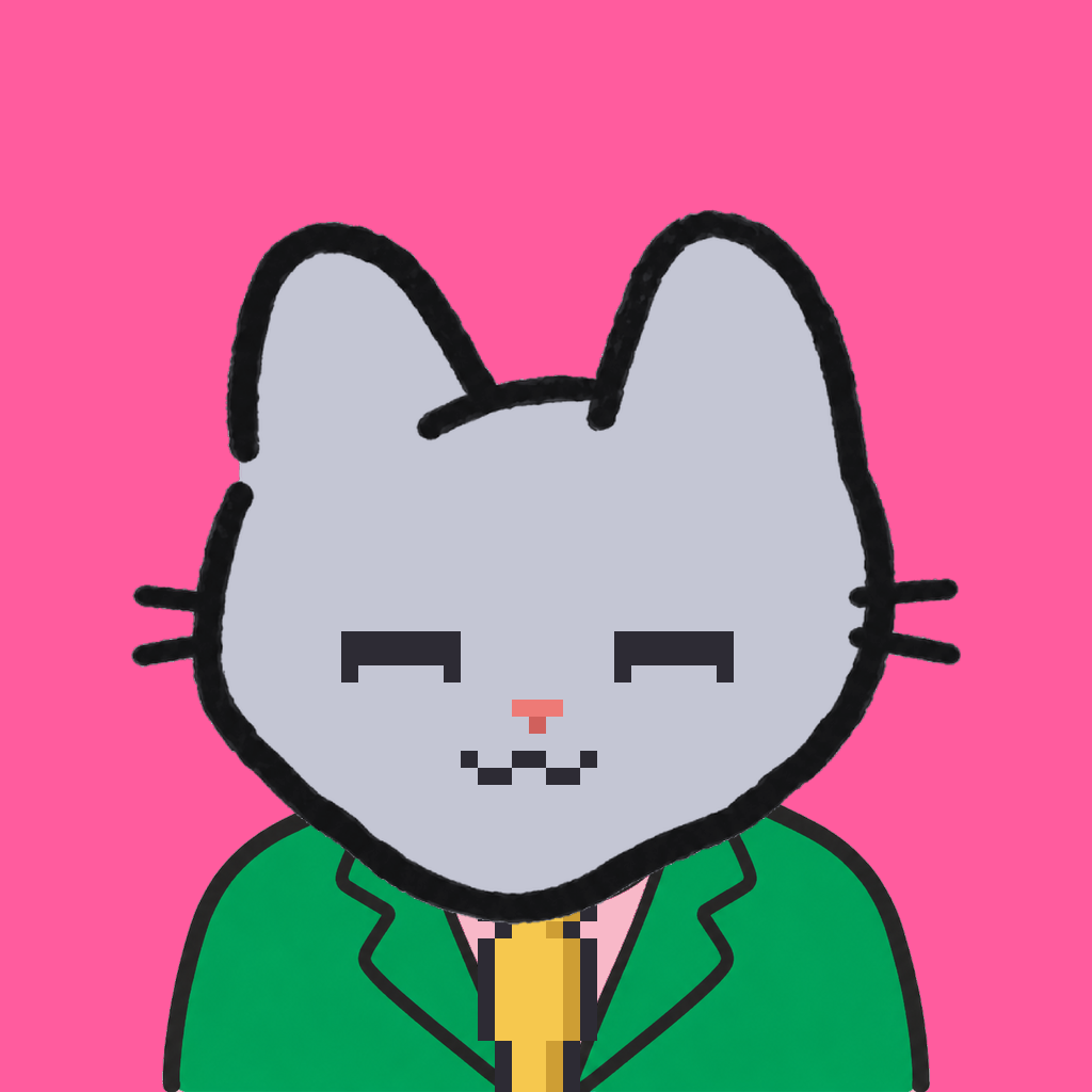 Employee #1452 — a gray cat, in a green suit, with a gold tie, on hot pink