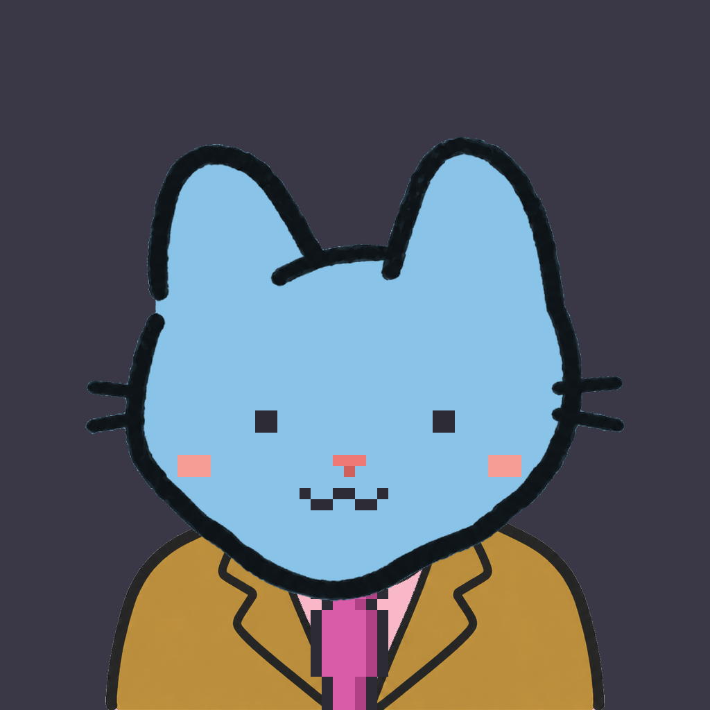Employee #1453 — a sky cat, in a mustard suit, with a magenta tie, on charcoal