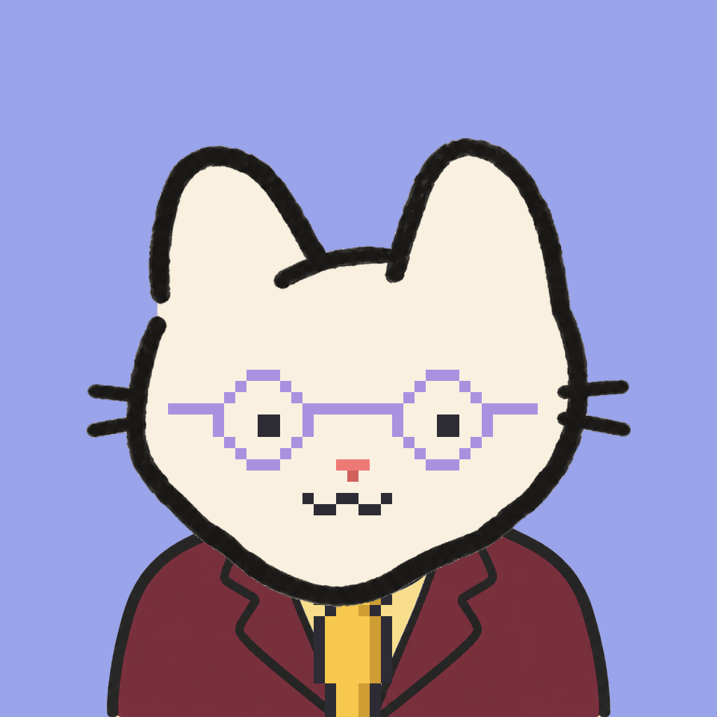 Employee #1454 — a cream cat, in a burgundy suit, with a gold tie, wearing round-lavender glasses, on periwinkle