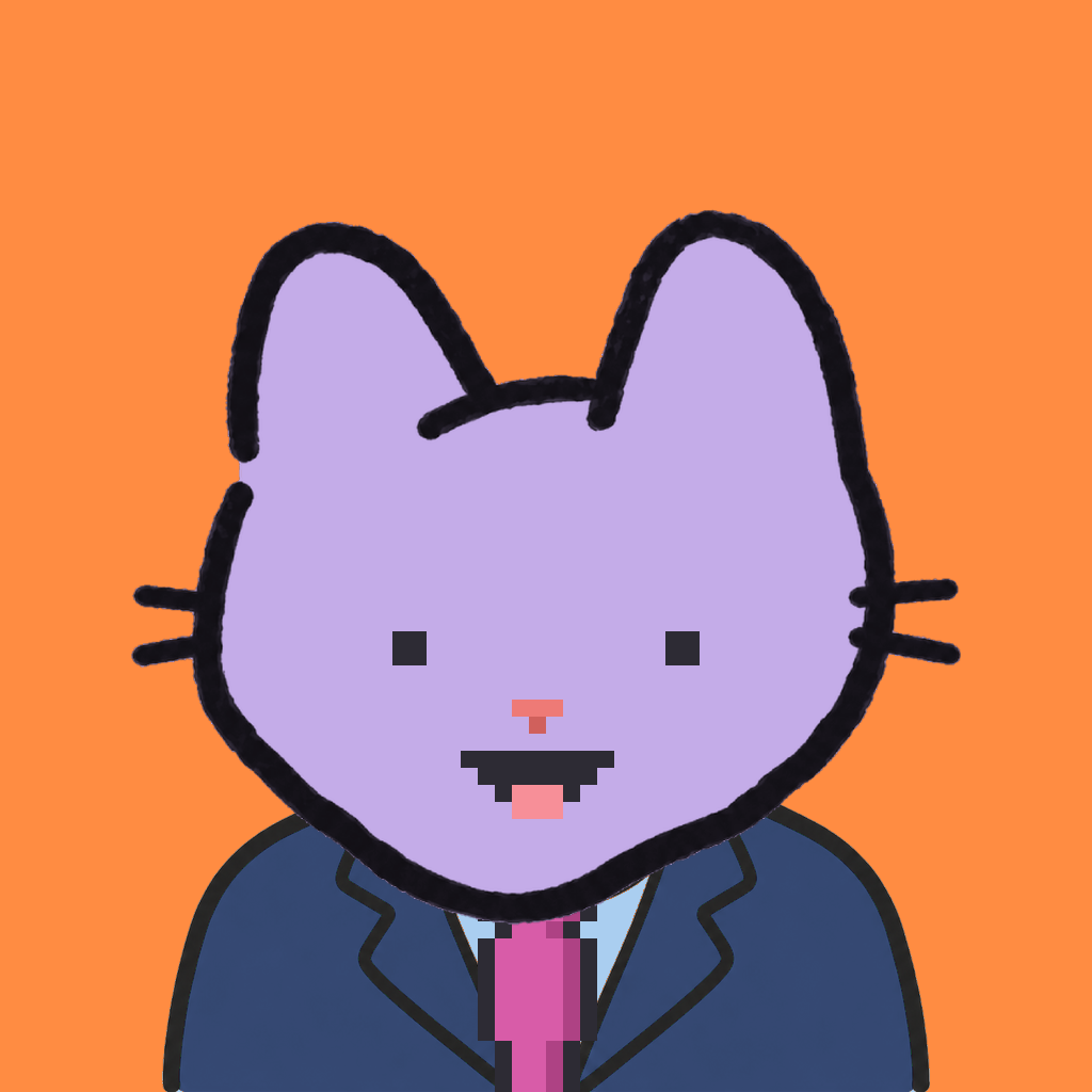 Employee #1455 — a lavender cat, in a navy suit, with a magenta tie, on tangerine