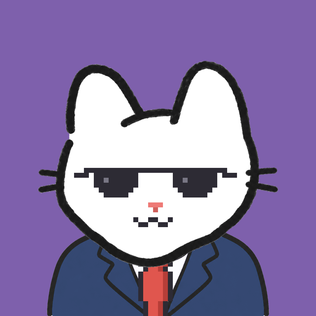 Employee #1456 — a white cat, in a navy suit, with a red tie, wearing shades glasses, on plasma violet