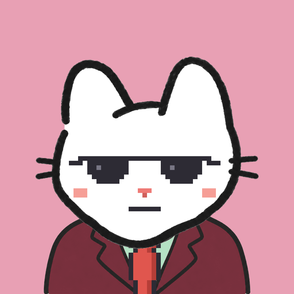 Employee #1457 — a white cat, in a burgundy suit, with a red tie, wearing shades glasses, on rose