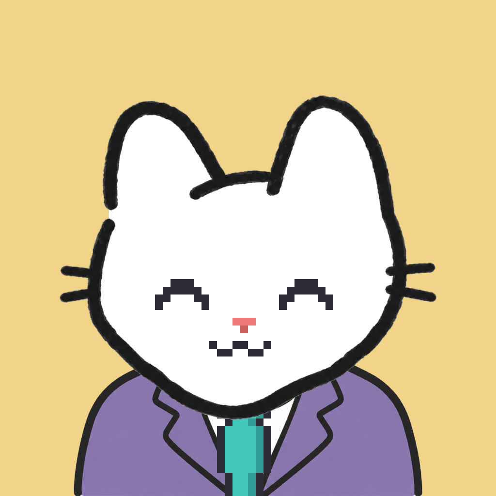 Employee #1458 — a white cat, in a lavender suit, with a teal tie, on butter