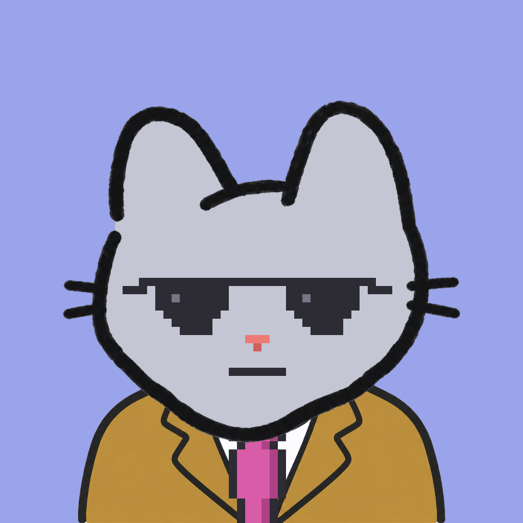 Employee #1459 — a gray cat, in a mustard suit, with a magenta tie, wearing shades glasses, on periwinkle
