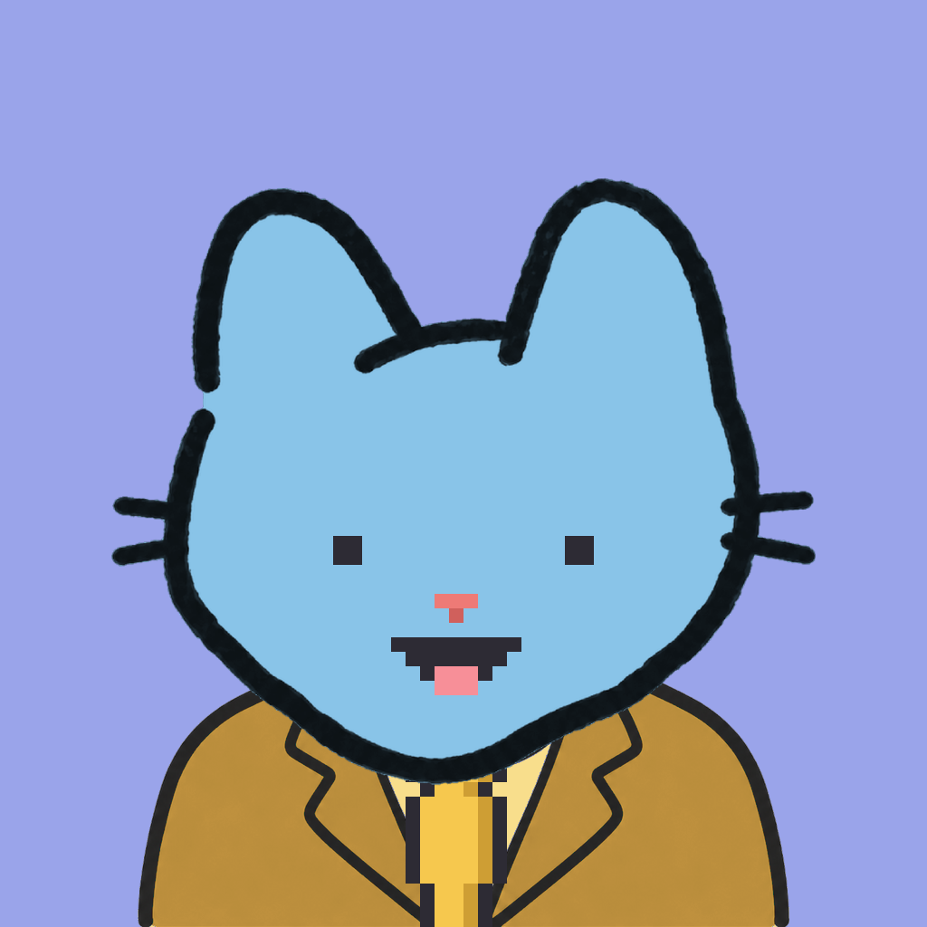 Employee #0146 — a sky cat, in a mustard suit, with a gold tie, on periwinkle