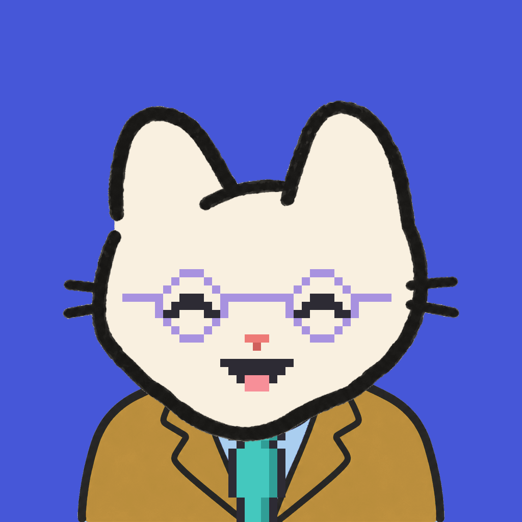 Employee #1460 — a cream cat, in a mustard suit, with a teal tie, wearing round-lavender glasses, on royal