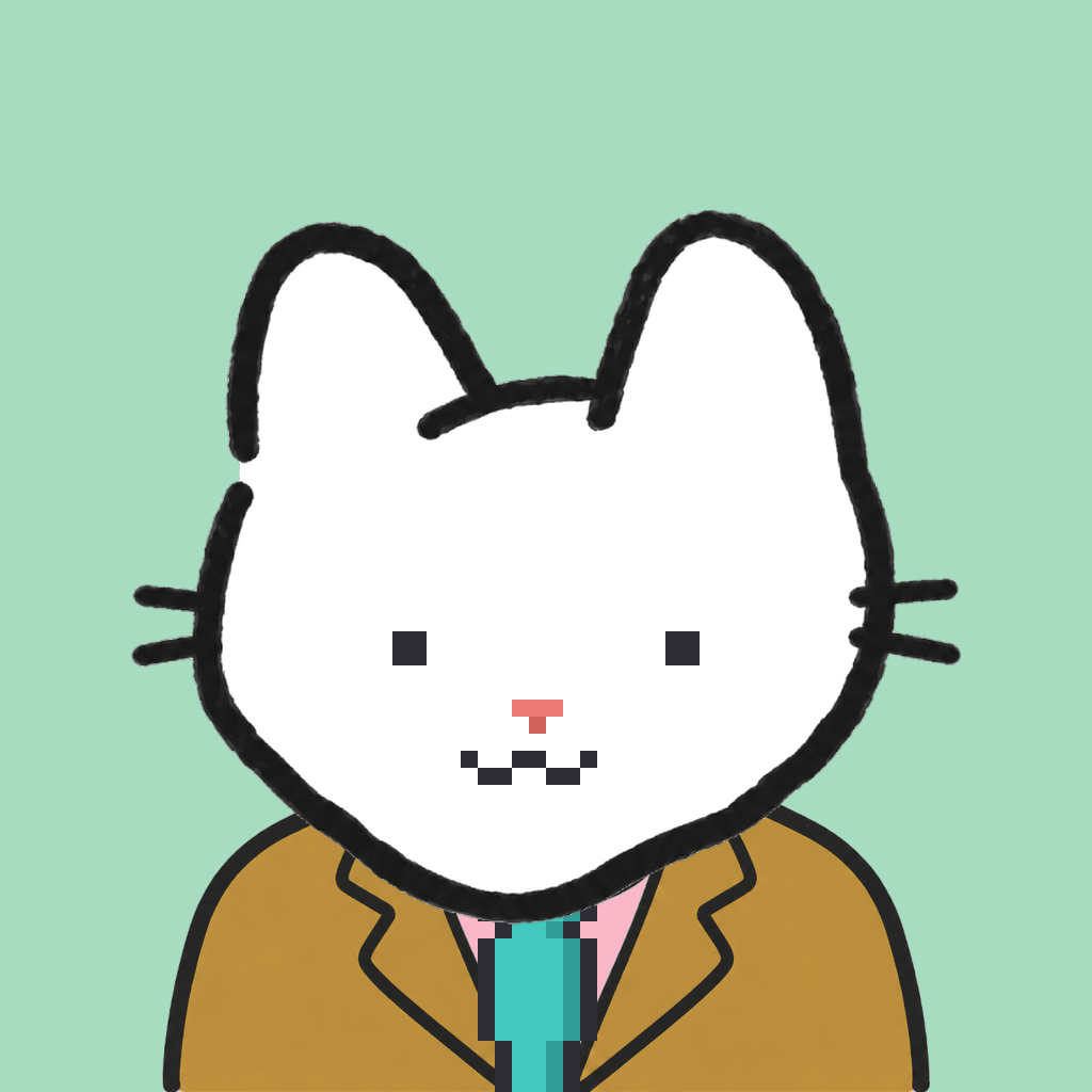 Employee #1461 — a white cat, in a mustard suit, with a teal tie, on mint