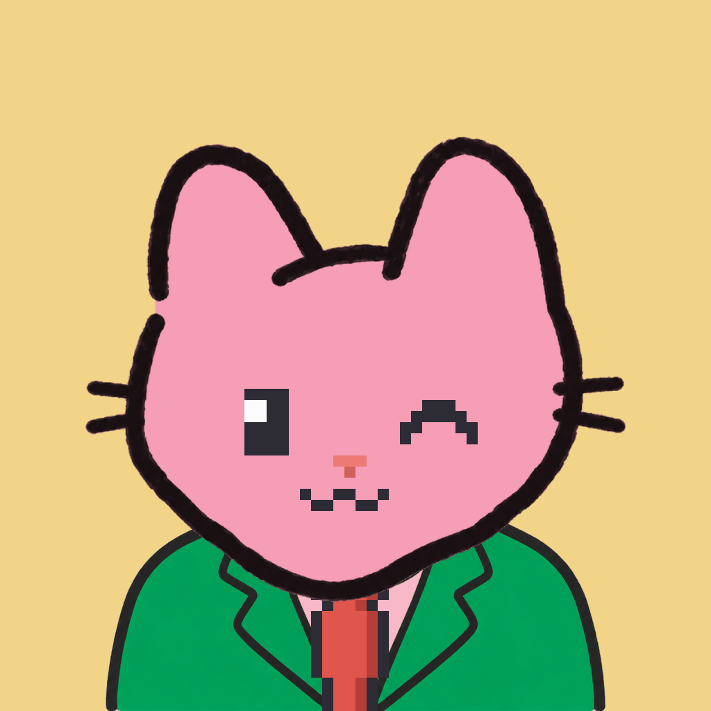 Employee #1462 — a pink cat, in a green suit, with a red tie, on butter