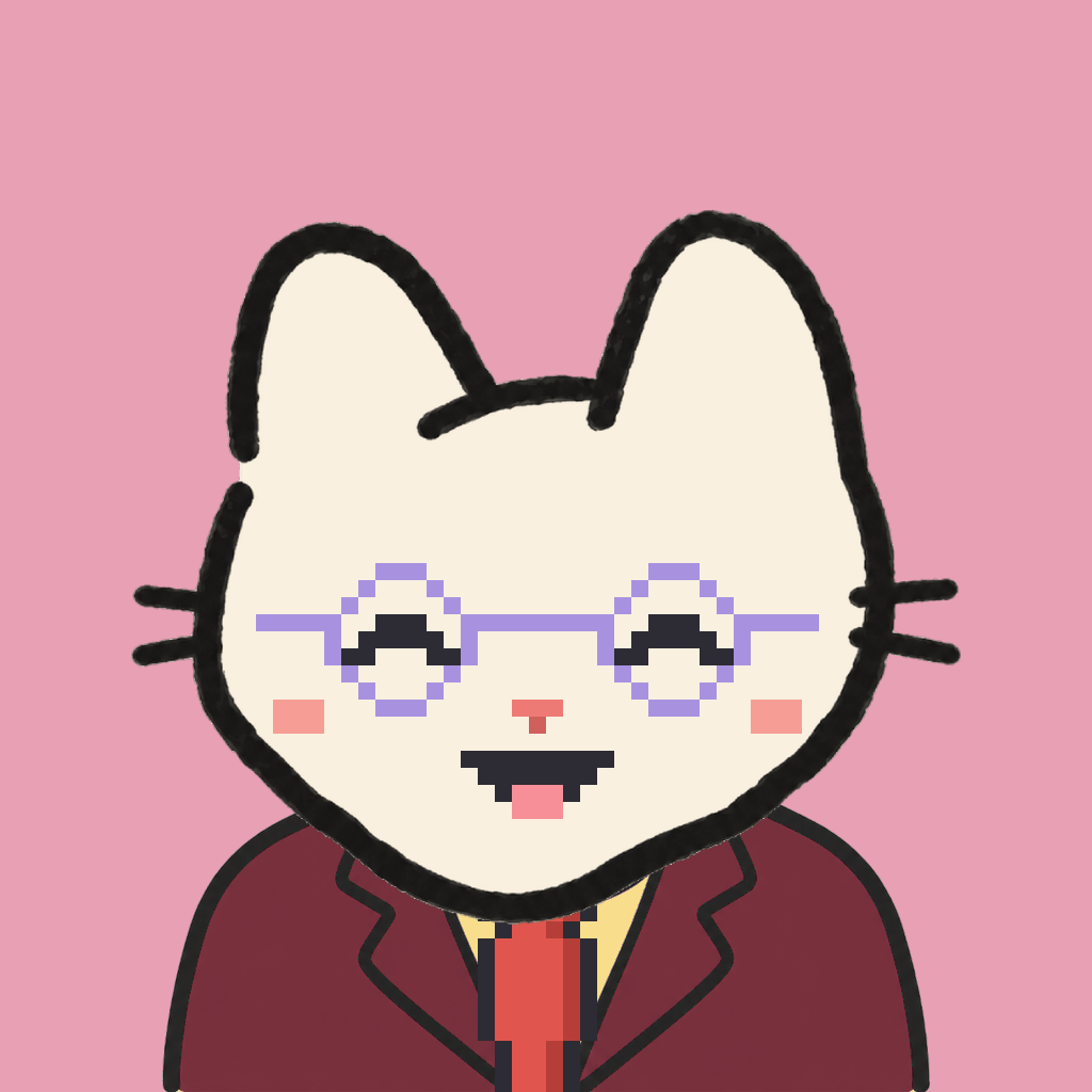 Employee #1463 — a cream cat, in a burgundy suit, with a red tie, wearing round-lavender glasses, on rose