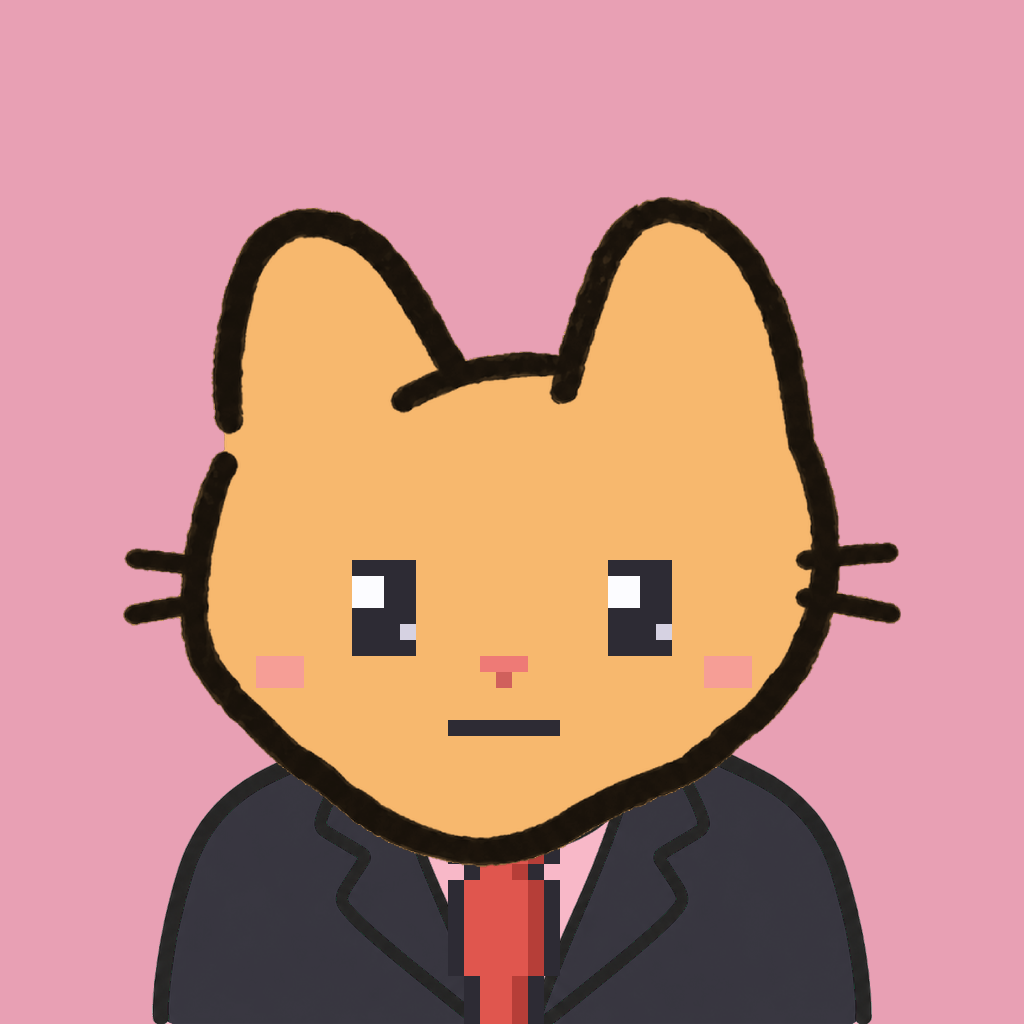 Employee #1464 — a tabby cat, in a black suit, with a red tie, on rose