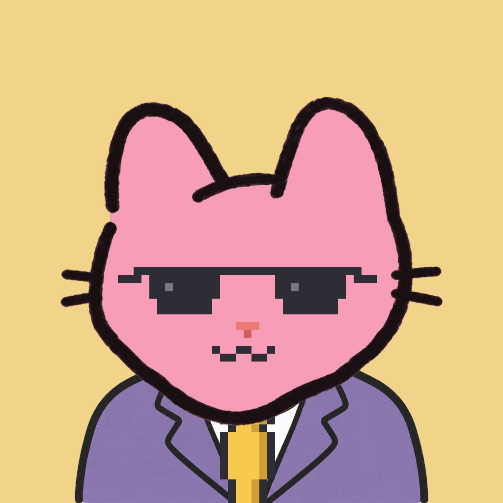 Employee #1465 — a pink cat, in a lavender suit, with a gold tie, wearing shades glasses, on butter