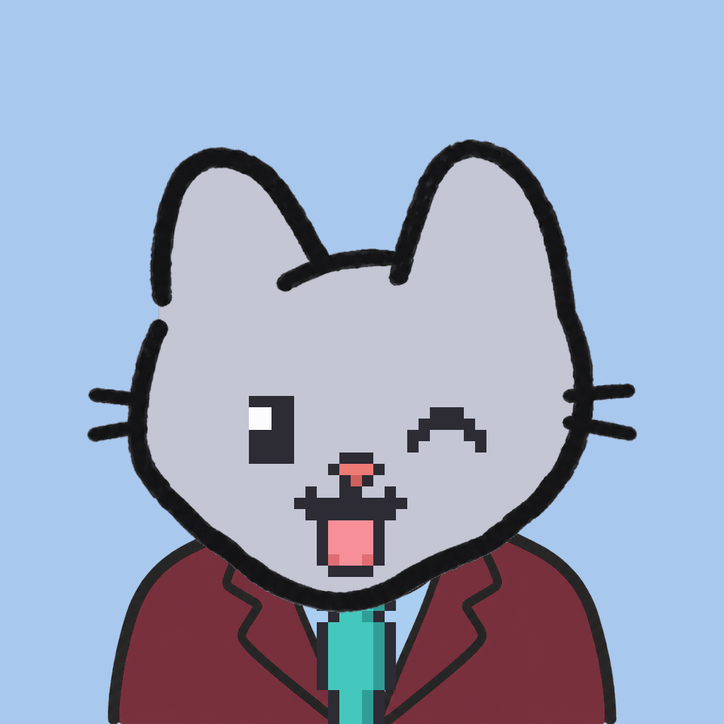 Employee #1467 — a gray cat, in a burgundy suit, with a teal tie, on sky