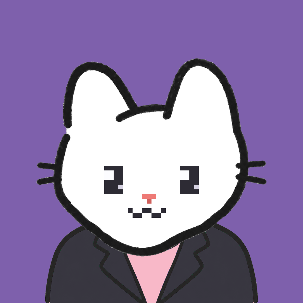 Employee #1468 — a white cat, in a black suit, on plasma violet