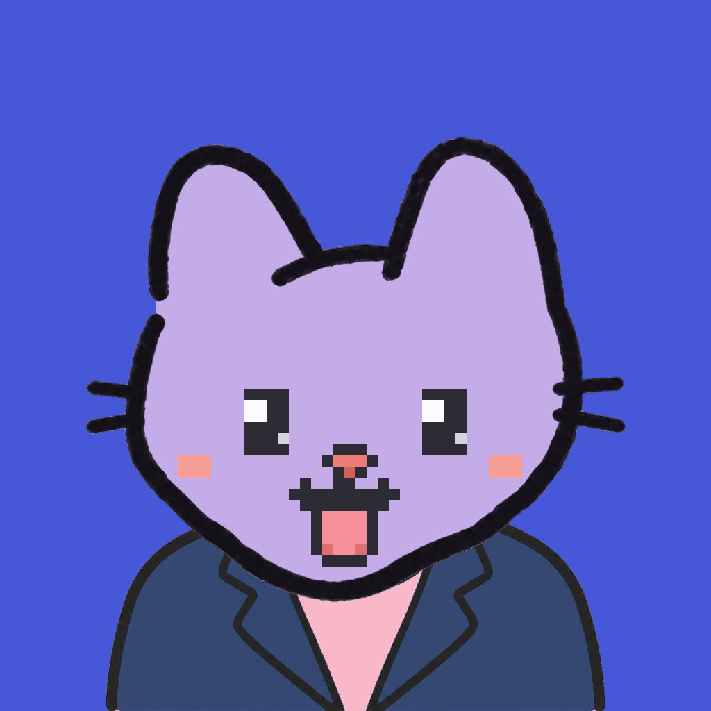 Employee #1469 — a lavender cat, in a navy suit, on royal